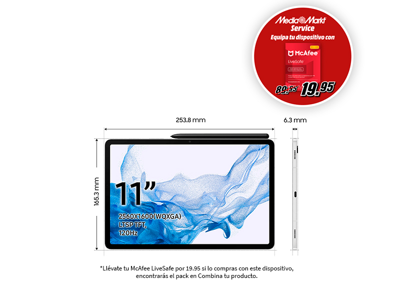 Tableta con texto y publicidad sobre fondo blanco.