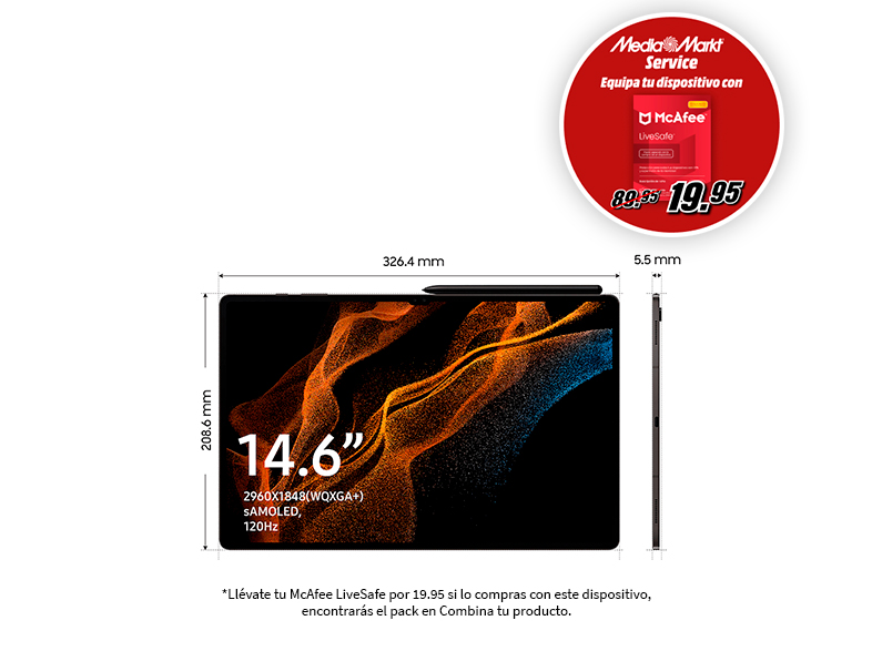 Tableta con un lápiz óptico, detalles: pantalla de 14,6", resolución 2960x1848 y dimensiones en mm.