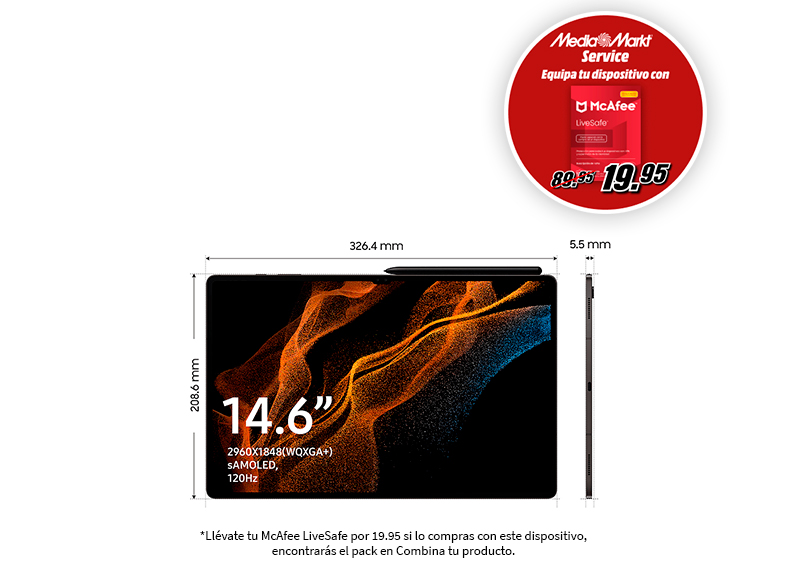 Una tableta con dimensiones mostradas. Un lápiz óptico está al lado. Una promoción de McAfee está en la esquina.