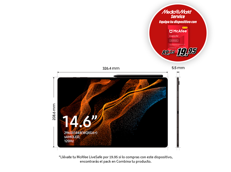 Tableta de 14,6 pulgadas con lápiz óptico, dimensiones y banner de McAfee LiveSafe. Texto en español.