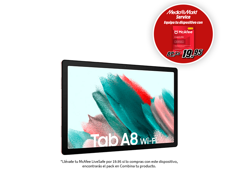 Una tableta con una oferta de McAfee LiveSafe. El precio se reduce de 89,95 a 19,95.