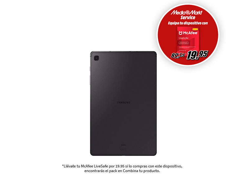 Tableta Samsung negra con anuncio de servicio MediaMarkt. Oferta de McAfee mostrada.