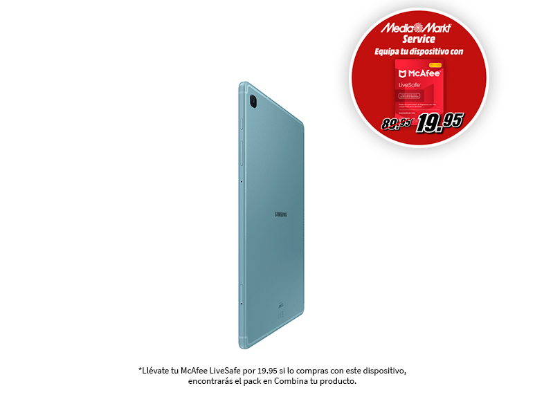 Tableta azul sobre blanco. Oferta McAfee en esquina. Texto abajo. Fondo blanco.