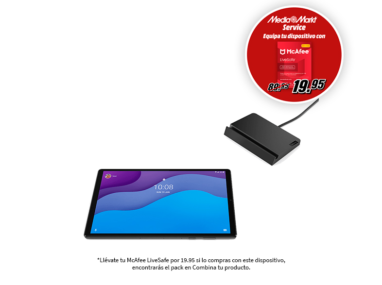 Una tableta con cargador adjunto y una etiqueta de promoción de McAfee LiveSafe.