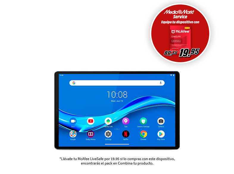Tableta con aplicaciones y oferta McAfee en círculo rojo.