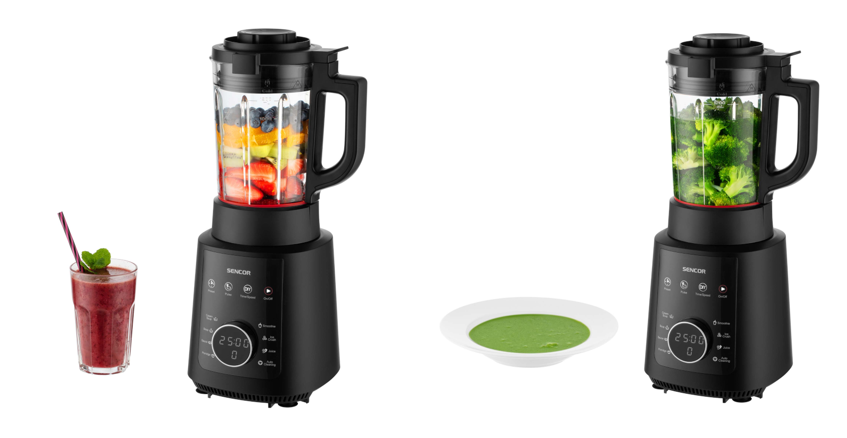 Két kép egymás mellett: egy turmixgép gyümölccsel és egy smoothie brokkolival.