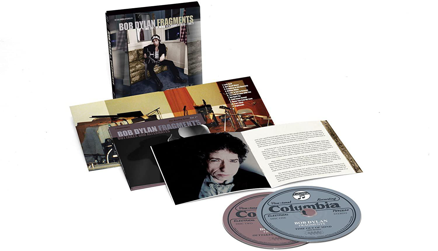Bob Dylan's Fragments-Box-Set mit geöffneten Booklets und Vinylplatten.