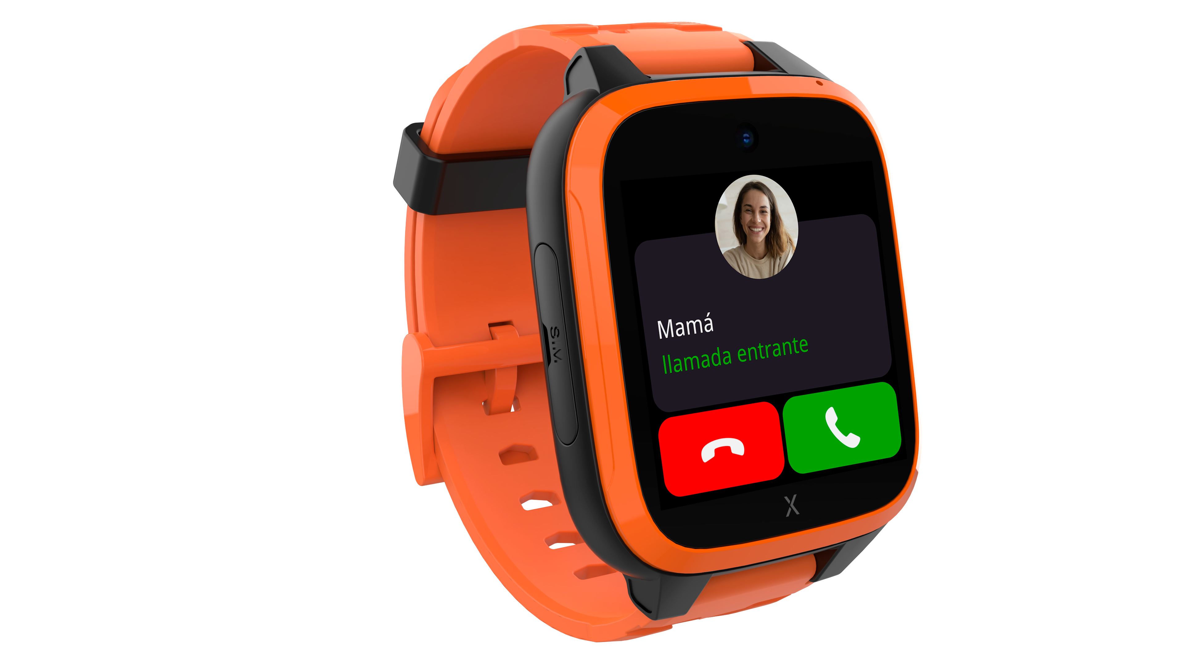 Reloj inteligente naranja sobre negro. Interfaz de llamada entrante con foto y botones.