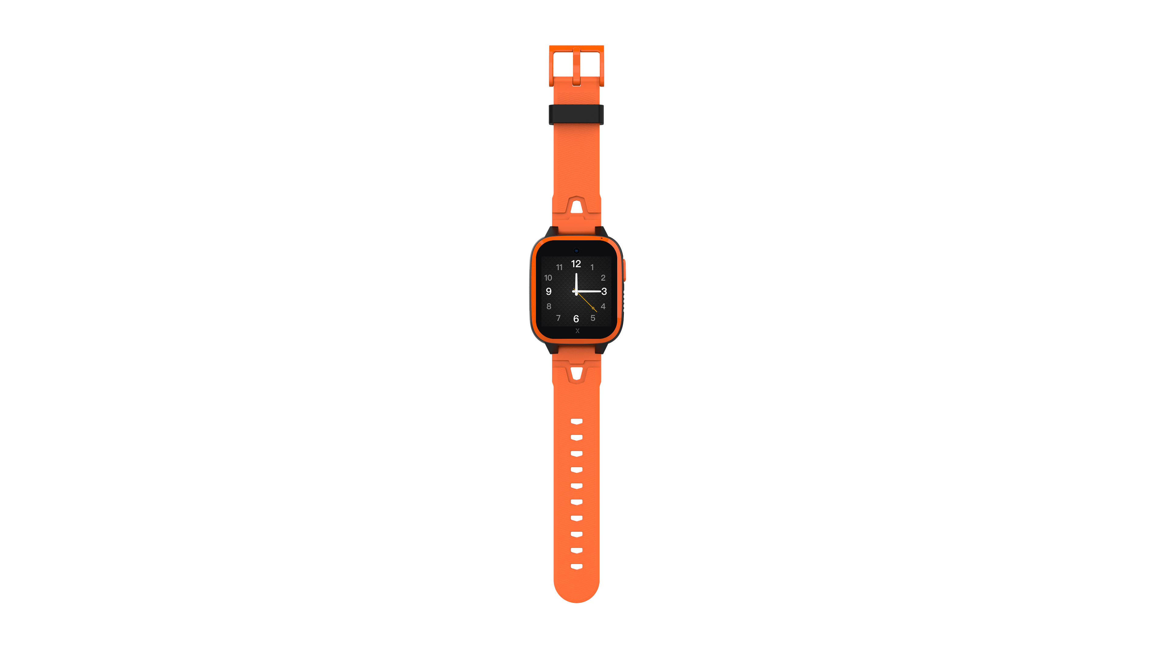 Reloj inteligente naranja con pantalla y correa negras, fondo negro.