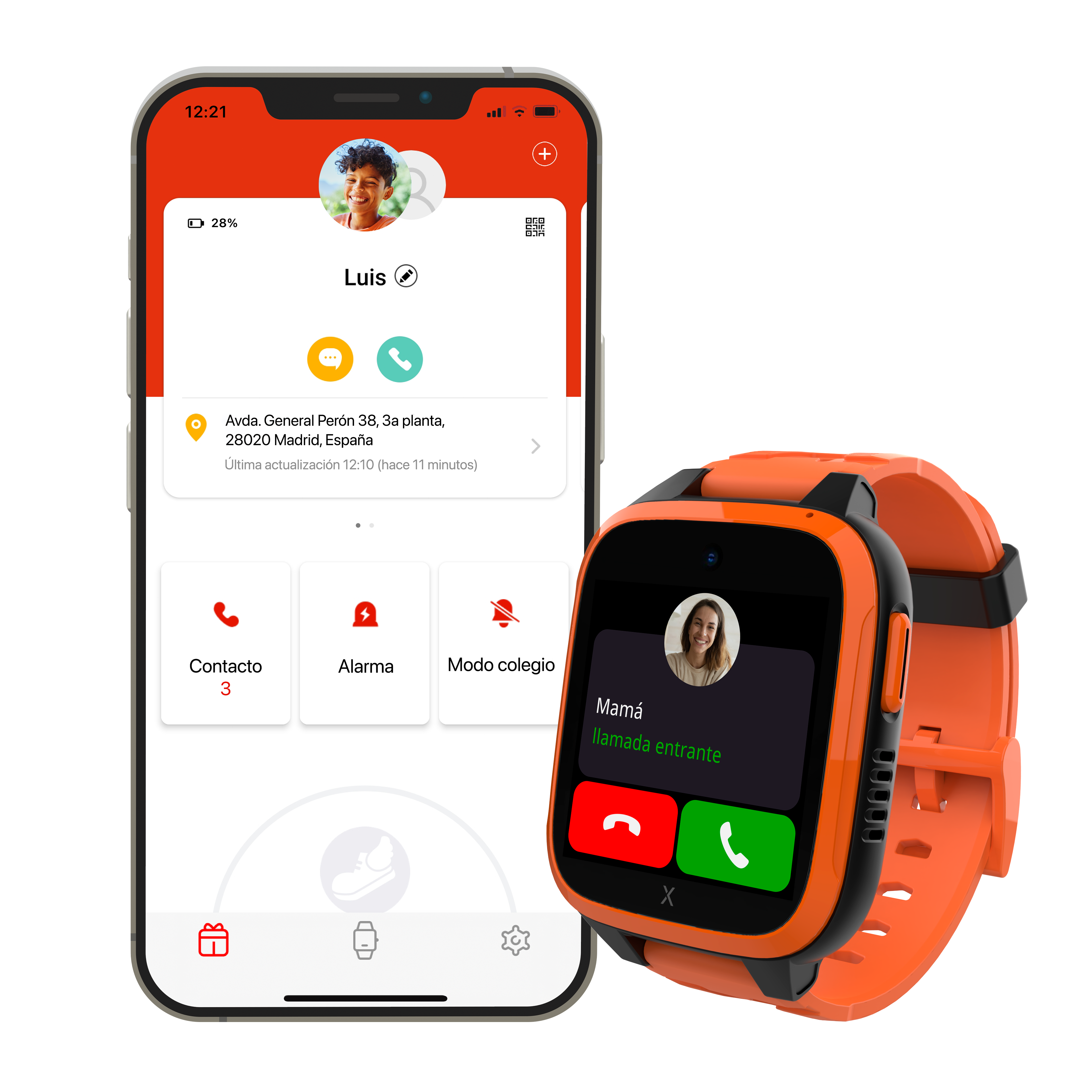 Smartphone y smartwatch mostrando info de contacto de un niño y llamada entrante.