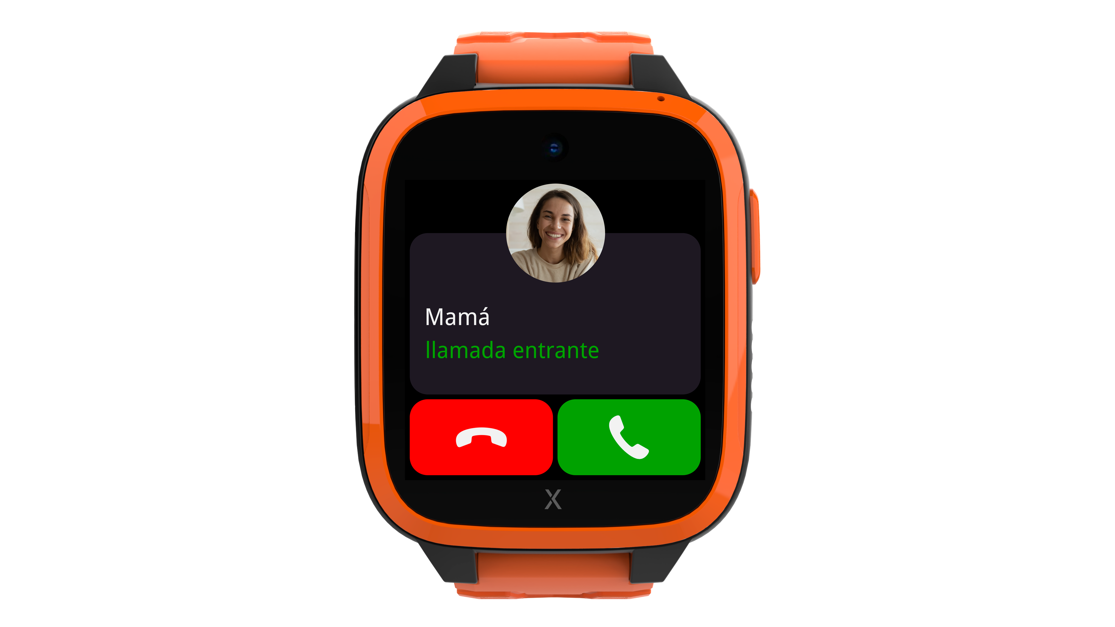 Smartwatch naranja mostrando llamada de 'Mamá'. Botones verde aceptar y rojo rechazar.
