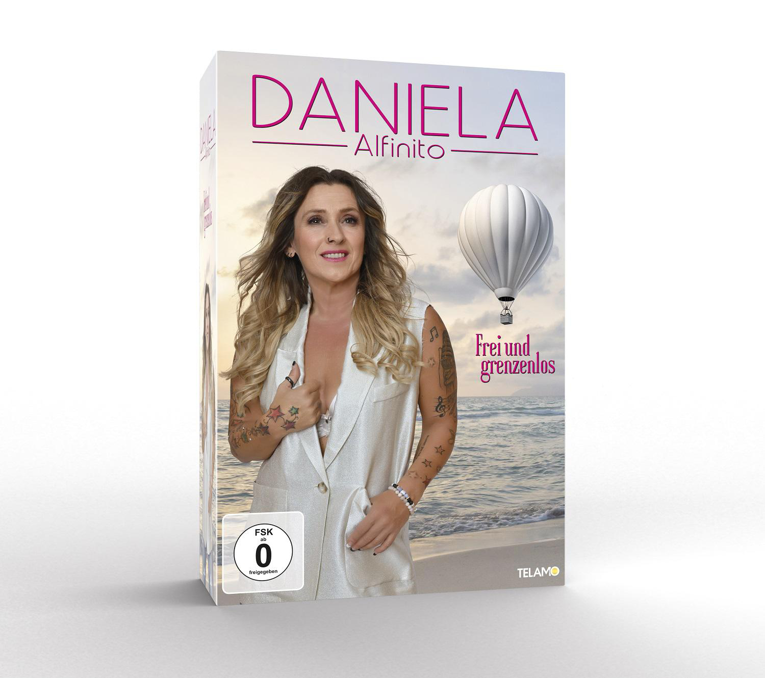 Albumcover mit Daniela Alfinito in weißem Kleid und Heißluftballon im Hintergrund.