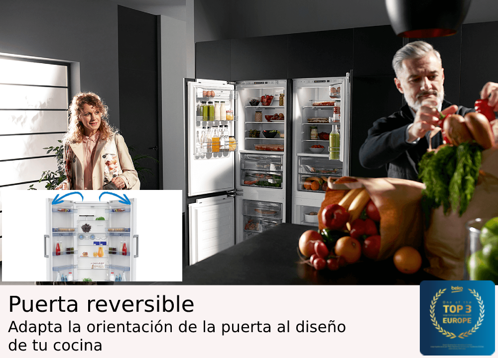 Una mujer y un hombre cerca de un refrigerador. Las puertas del refrigerador están abiertas, mostrando comida.