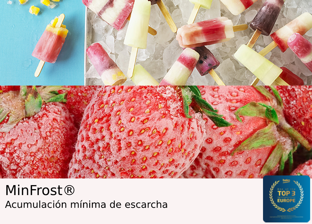 Primer plano de fresas congeladas y polos de hielo. Los logotipos de MinFrost y Top 3 Europe son visibles.