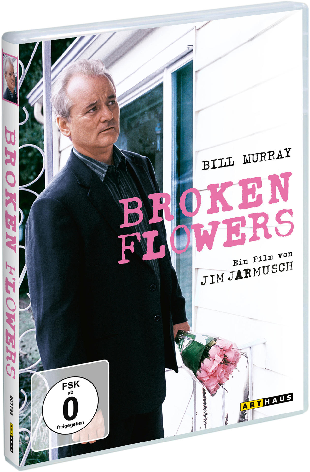 DVD-Cover von 'Broken Flowers' mit Bill Murray, der Blumen hält, mit dem Filmtitel.