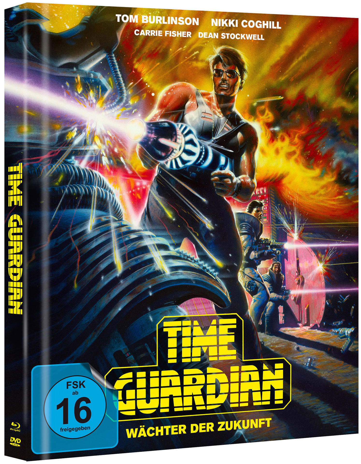 DVD-Cover von Time Guardian. Ein Mann in futuristischem Setting mit einer Waffe.