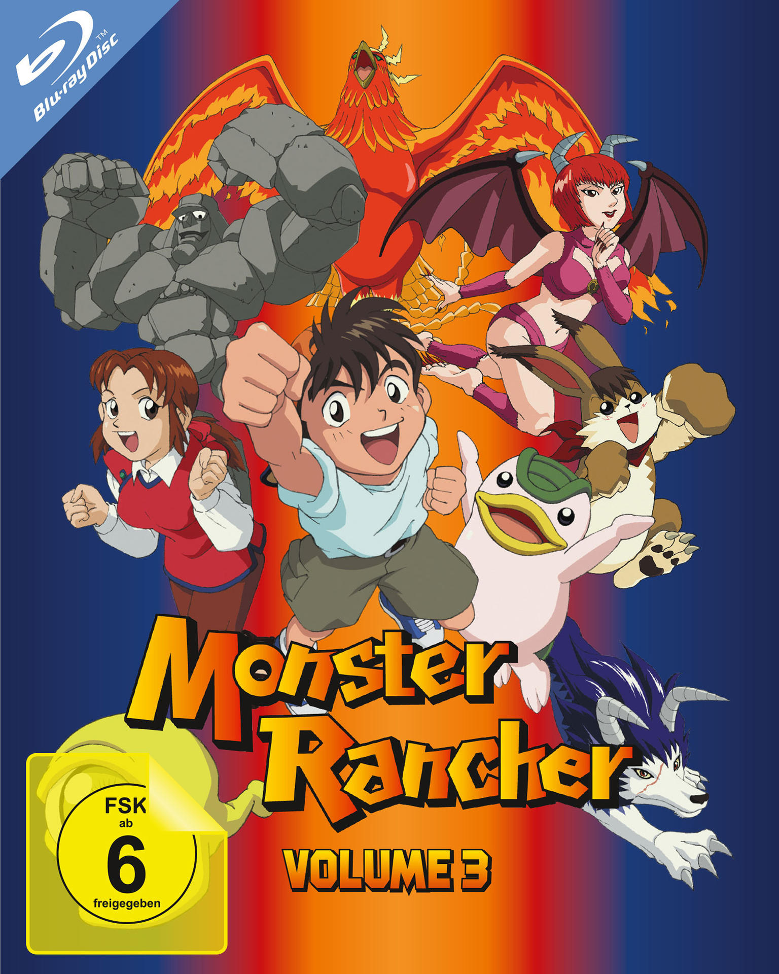 Blu-ray-Cover für 'Monster Rancher Vol. 3'. Zeigt animierte Charaktere und ein feuriges Monster.