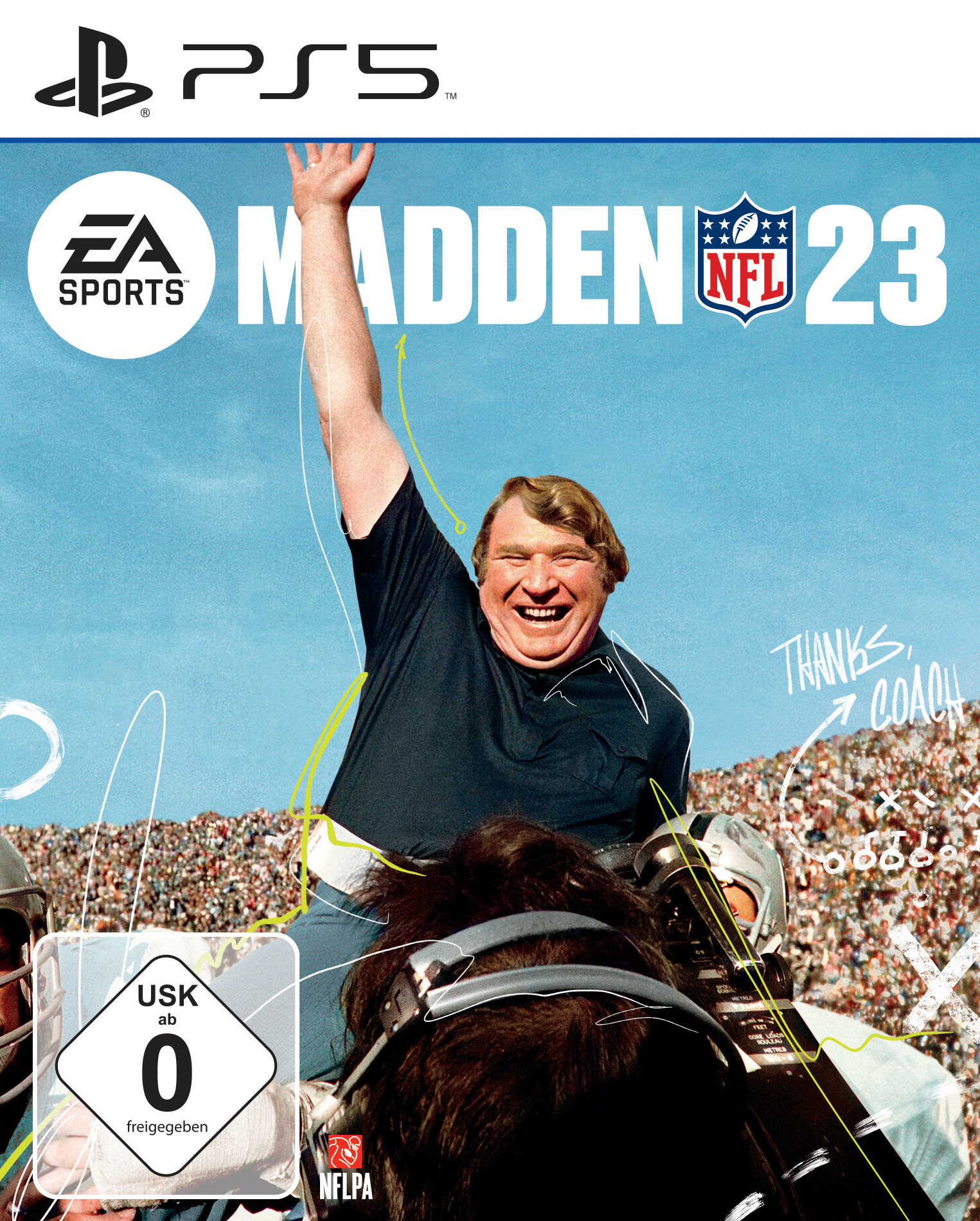 Madden NFL 23 Spielcover, ein Mann reitet auf einem Pferd im Stadion, mit Text.