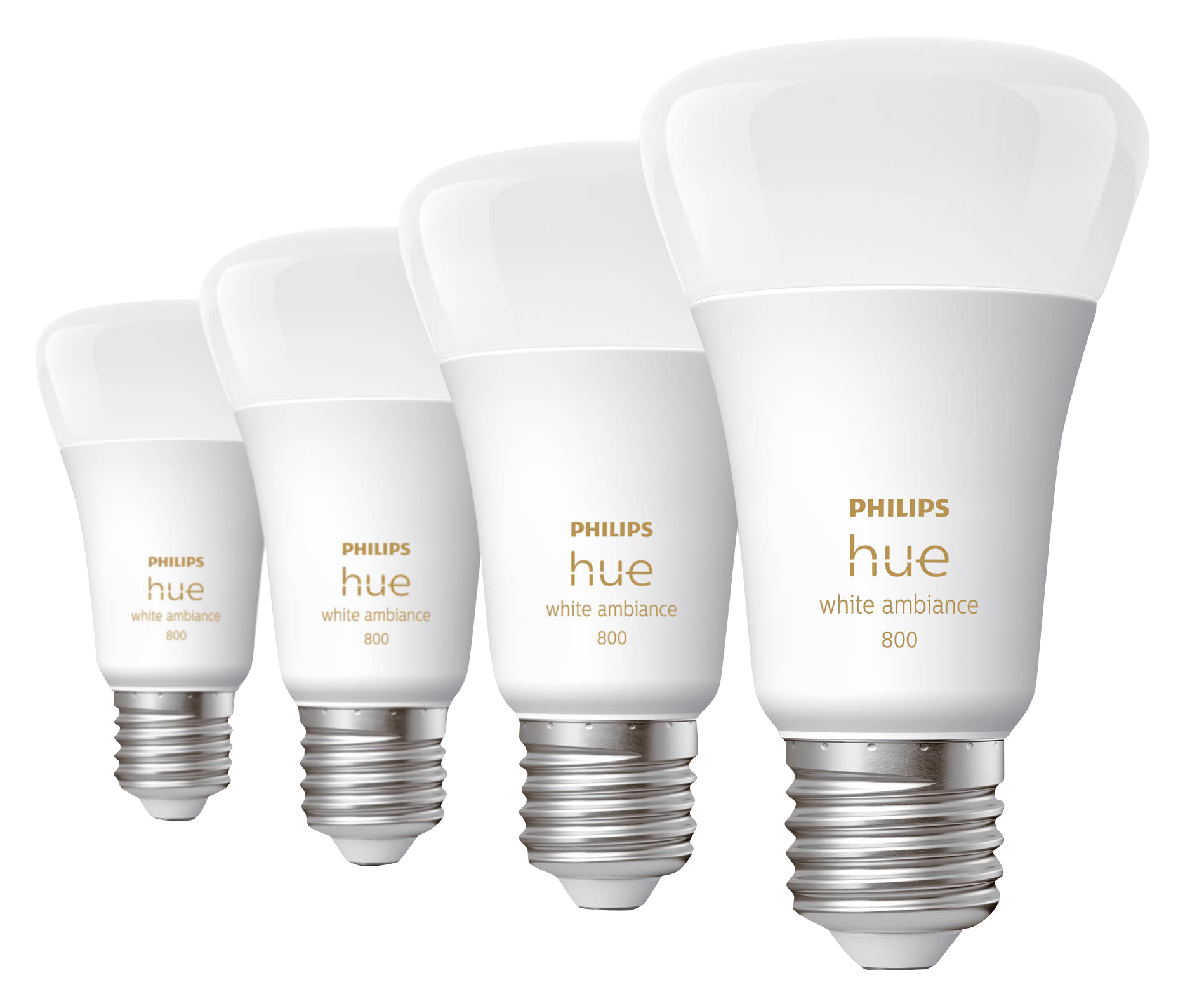 Vier weiße Philips Hue Smart-Glühbirnen in einer Reihe, leicht angewinkelt.