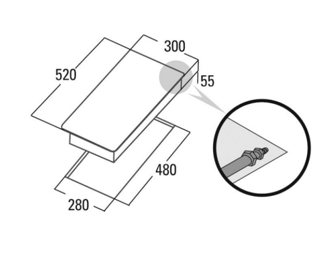 Konyhai elszívó diagramja, méretekkel és gázcsatlakozó részlettel.