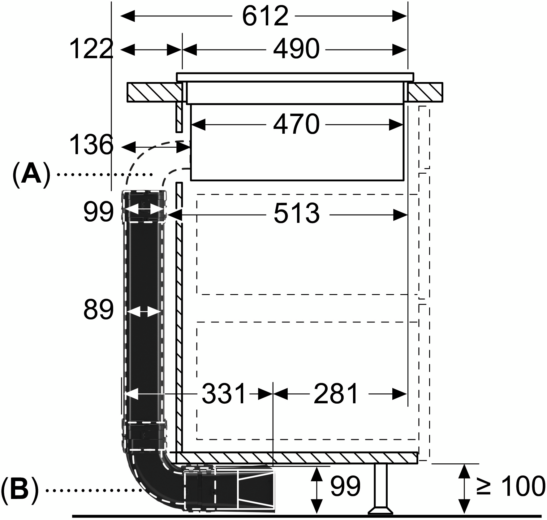 Technische Zeichnung mit Maßen für die Installation. Eine gestrichelte Linie zeigt die Position eines Lüftungssystems.