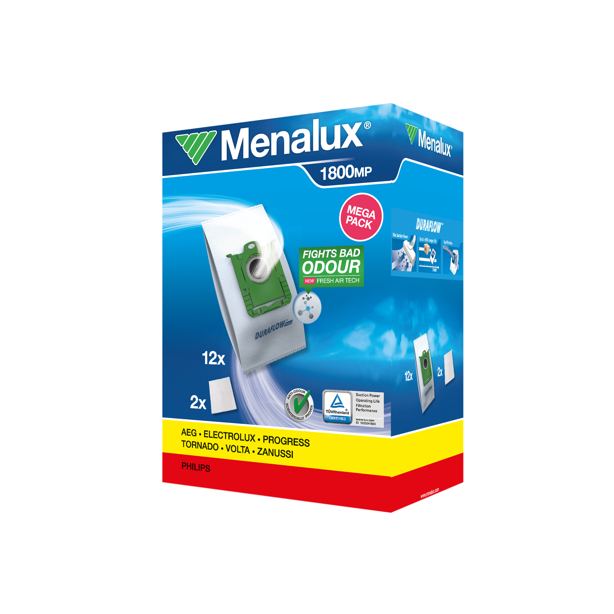 Menalux Staubsaugerbeutel-Packung mit verschiedenen Symbolen und Text.