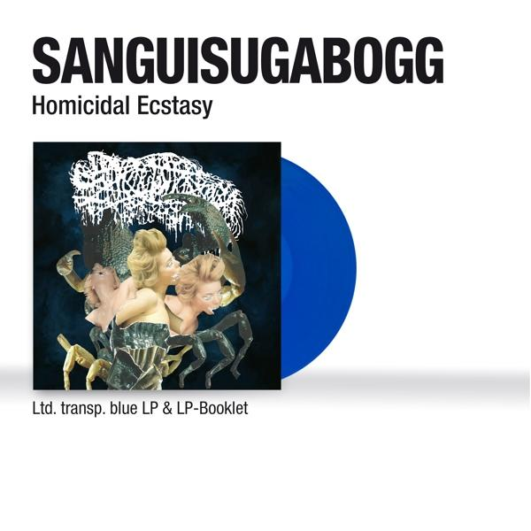 Blaue Vinyl-Schallplatte und Cover-Art für 'Sanguisugabogg - Homicidal Ecstasy'. Weißer Hintergrund.