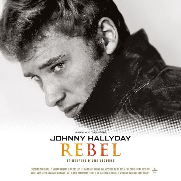 Pochette d'album avec le visage de Johnny Hallyday. Il porte le titre 'Rebel' et une liste de paroles de chansons en dessous.