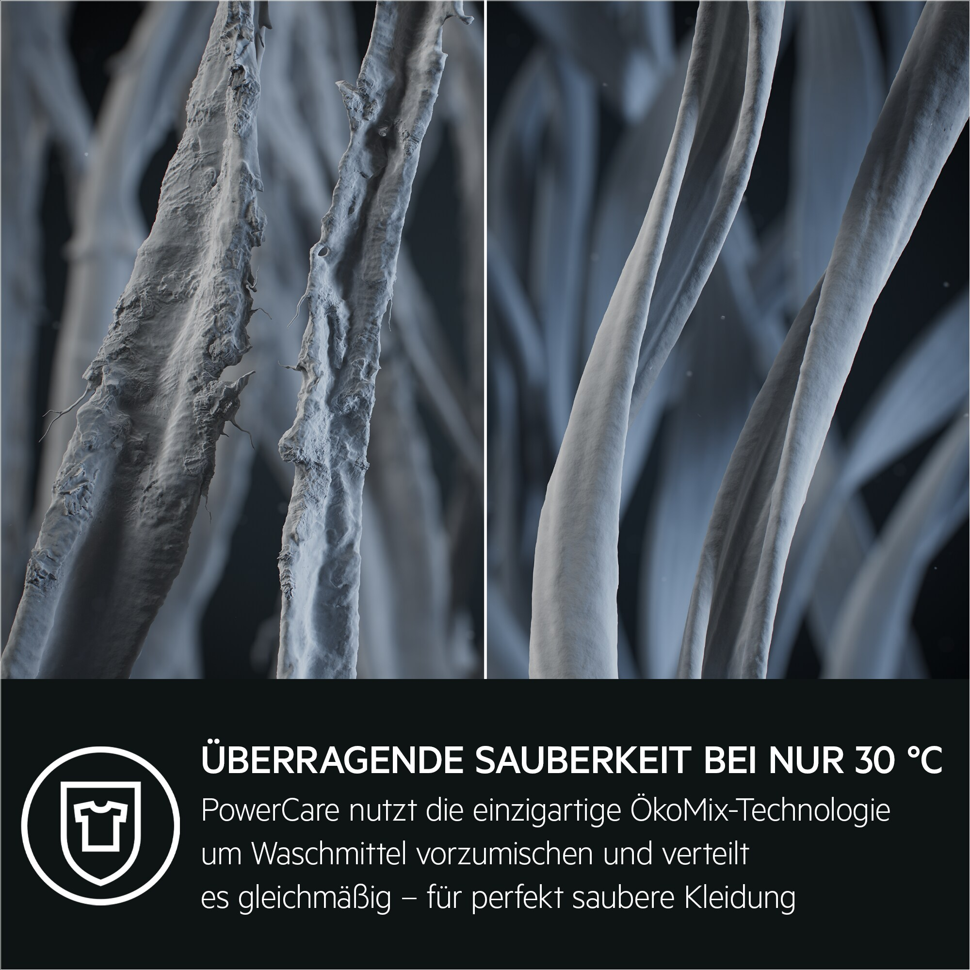 Nahaufnahme von Stofffasern. Text lautet 'HÖCHSTE REINHEIT BEI NUR 30 °C' und 'PowerCare'.