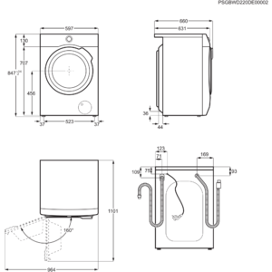 Technische Zeichnungen einer Waschmaschine mit Maßangaben in 2D, schwarz-weiß.