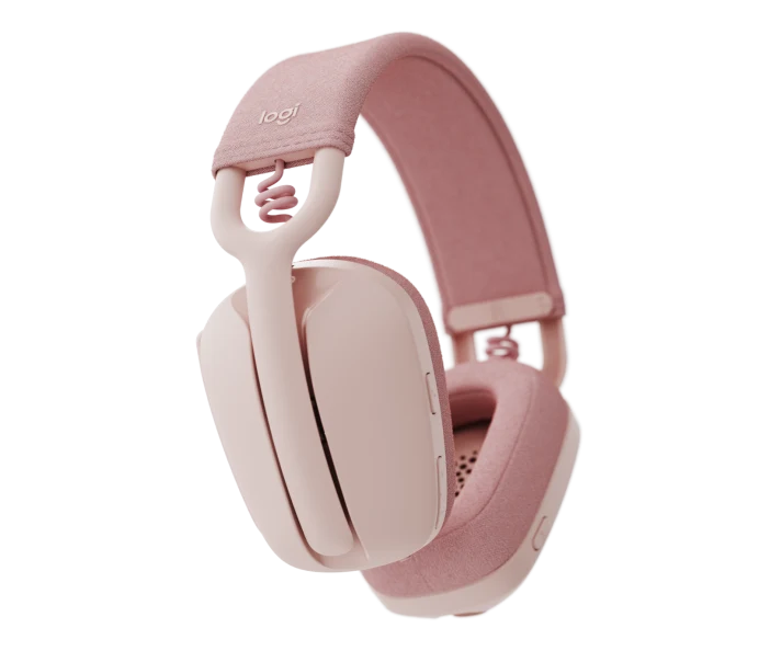 Pembe Logitech kulaklık. Logo görünüyor. Kulaklıklar kapalı. Siyah arka plan.