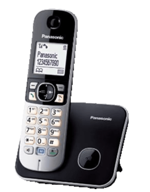 Ekran ve sayı tuşları gösteren, tabanlı Panasonic kablosuz telefon.