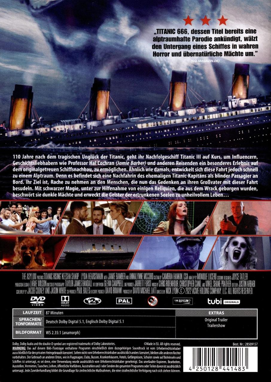 Rückseite einer DVD-Hülle für den Film Titanic 666. Zeigt ein Schiff und Horrorszenen.