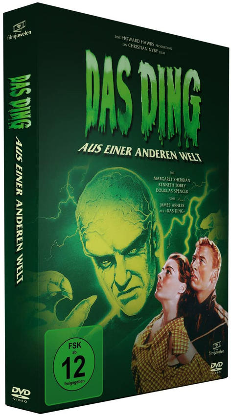 DVD-Box des Films Das Ding aus einer anderen Welt. Sie zeigt ein grüngesichtiges Monster und zwei Personen.