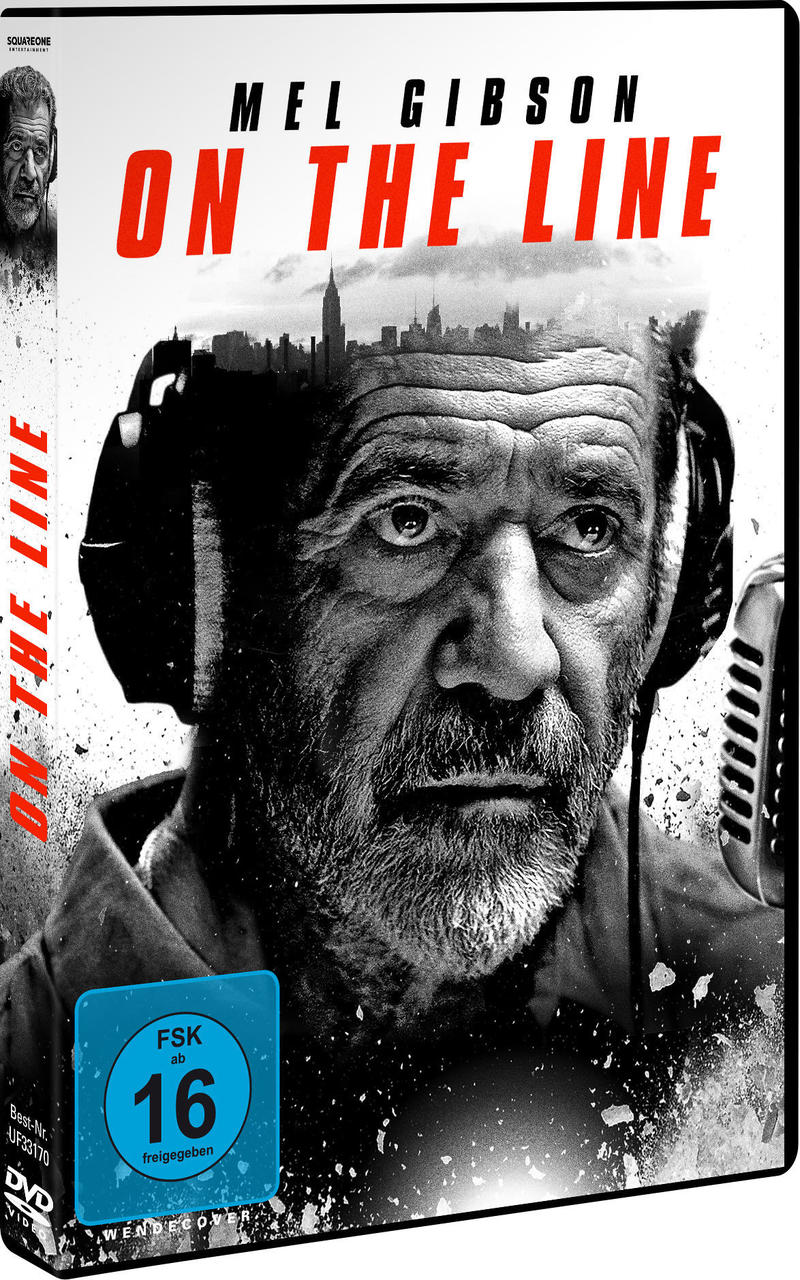 Filmdvd-Cover mit Mel Gibsons Gesicht. Text: ON THE LINE.