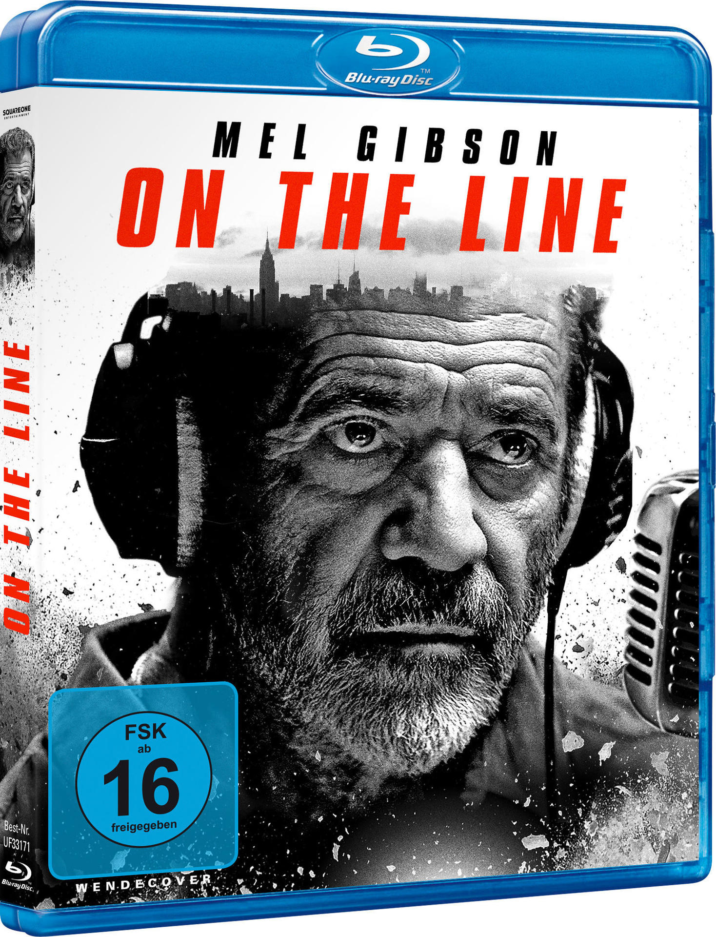Das Gesicht von Mel Gibson ist auf dem DVD-Cover für den Film 'On the Line'. Das Blu-ray Disc-Logo ist sichtbar.