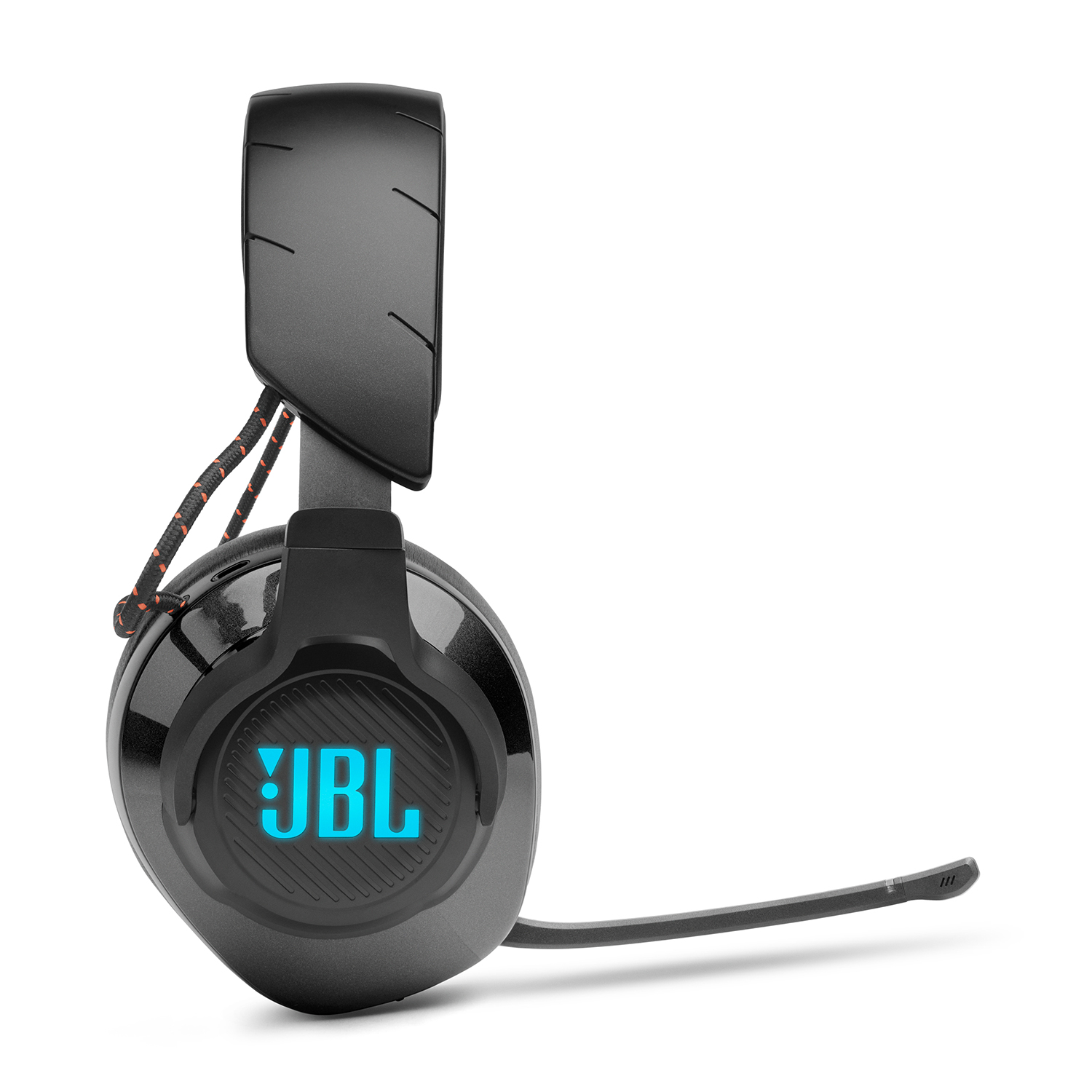 Cuffie da gioco JBL nere con microfono, illuminate con logo blu.