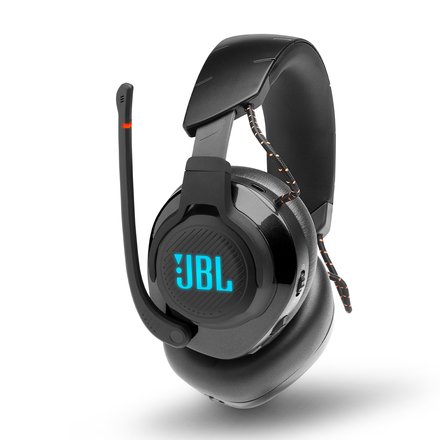 Cuffie da gaming JBL nere con microfono e dettagli arancioni. Il logo JBL è visibile.