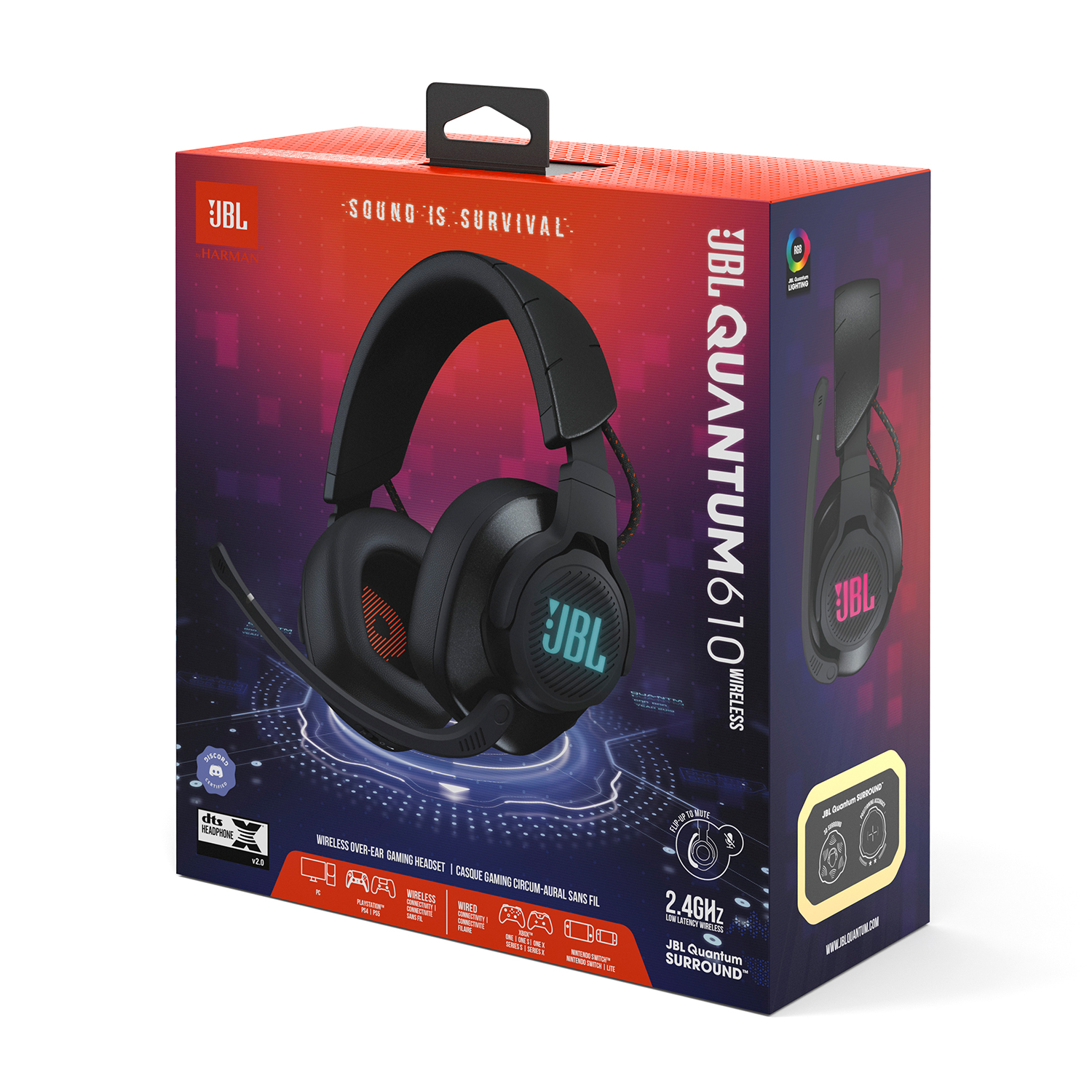 Una cuffia JBL Quantum 610 nera, nella sua scatola. La scatola presenta immagini della cuffia e delle funzionalità.