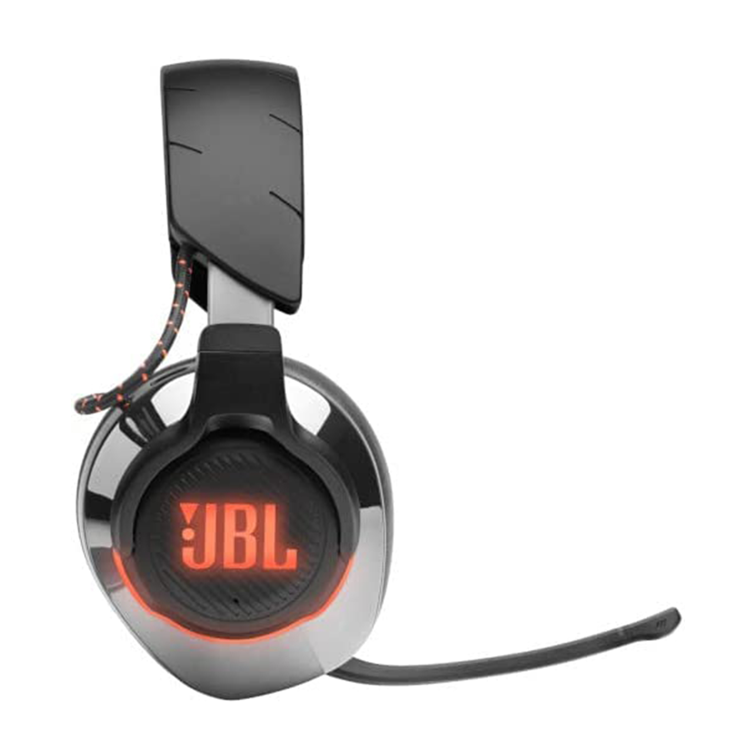 Cuffie da gioco JBL nere e argentate con microfono.