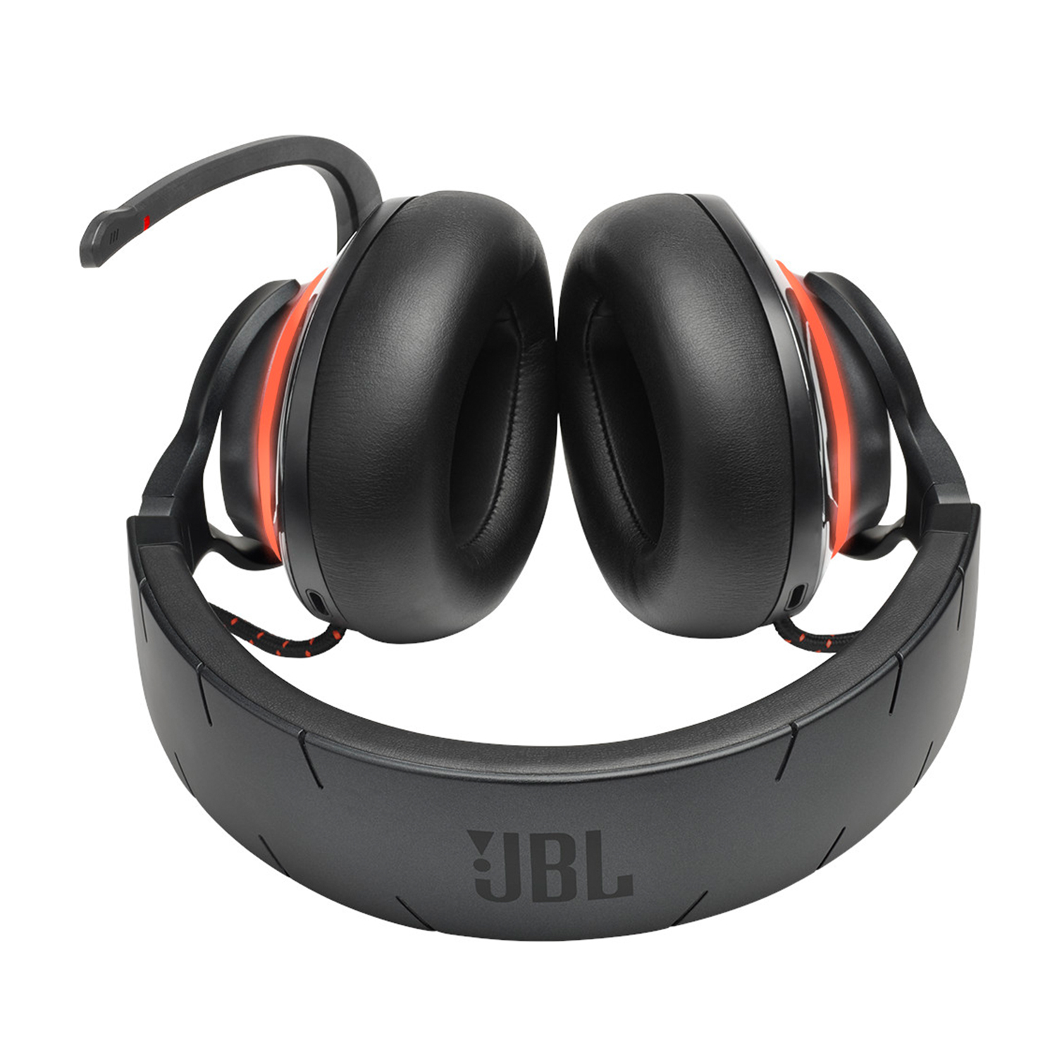 Cuffie da gioco JBL nere e arancioni con microfono.
