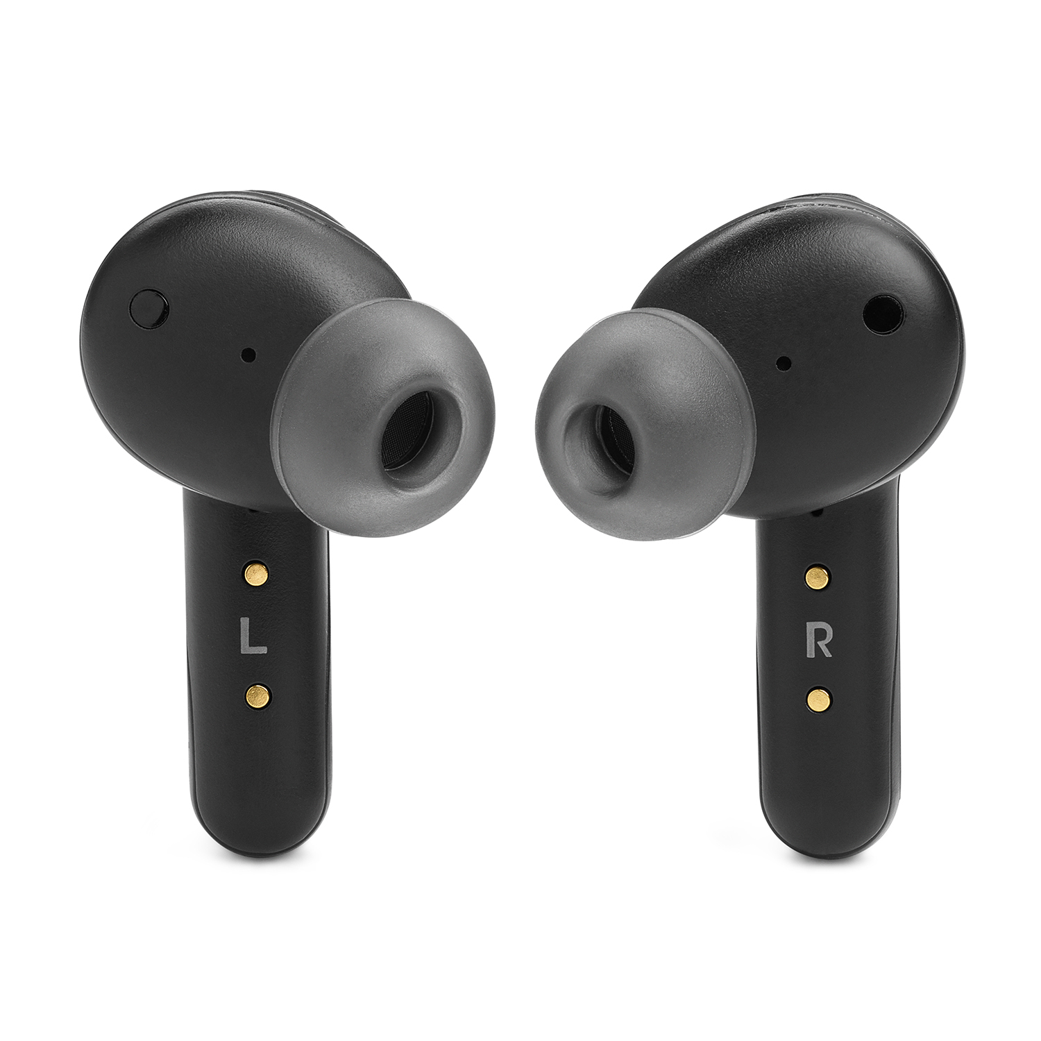 Due auricolari wireless neri con auricolari grigi, etichettati 'L' e 'R', su sfondo bianco.