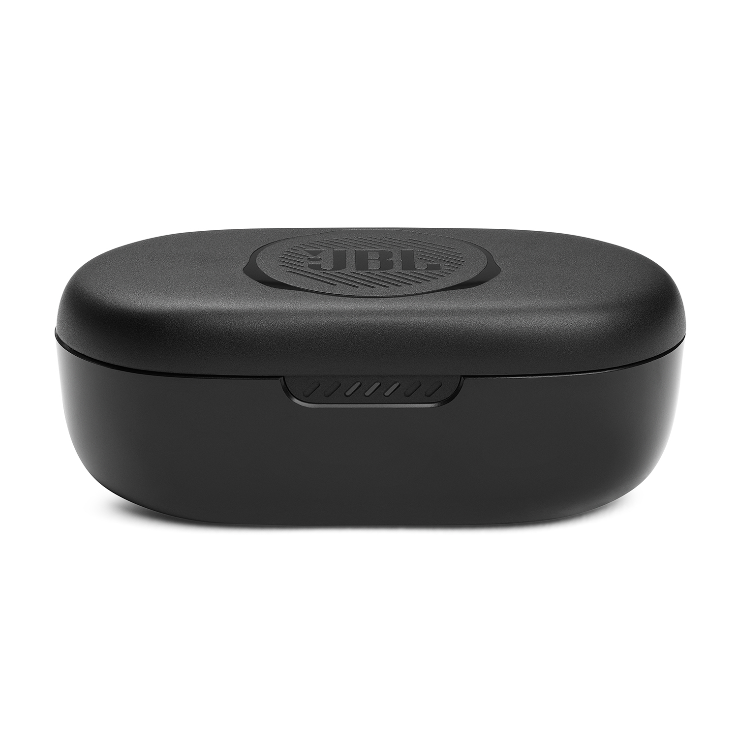 Custodia di ricarica per auricolari JBL nera. La custodia è di forma ovale con un logo JBL.