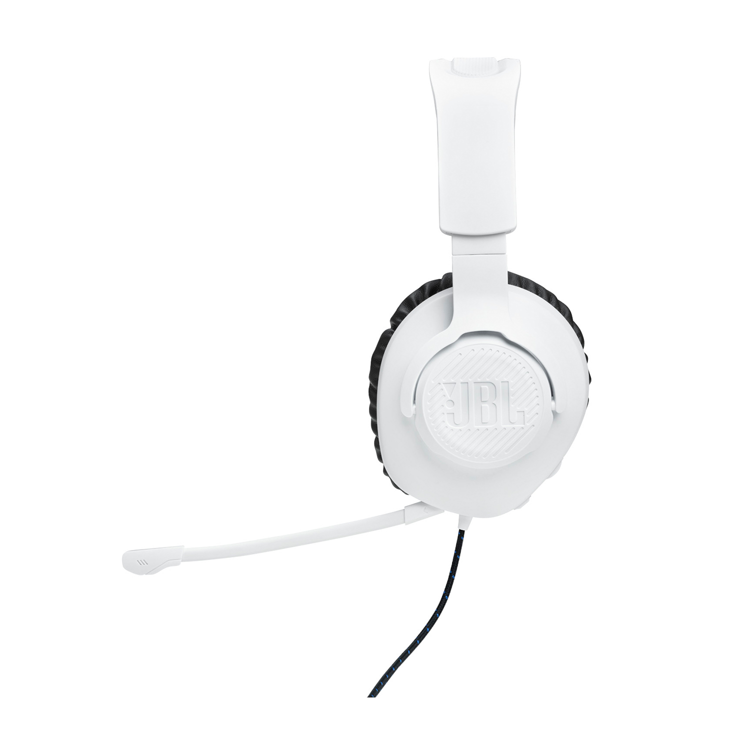 Cuffie bianche con microfono. Il logo JBL è sul padiglione auricolare.