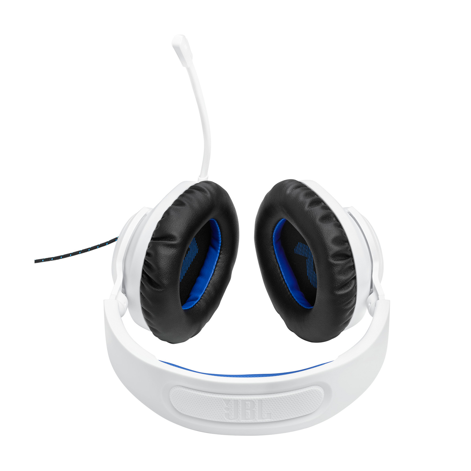 Cuffie da gioco JBL bianche con padiglioni neri e un microfono.