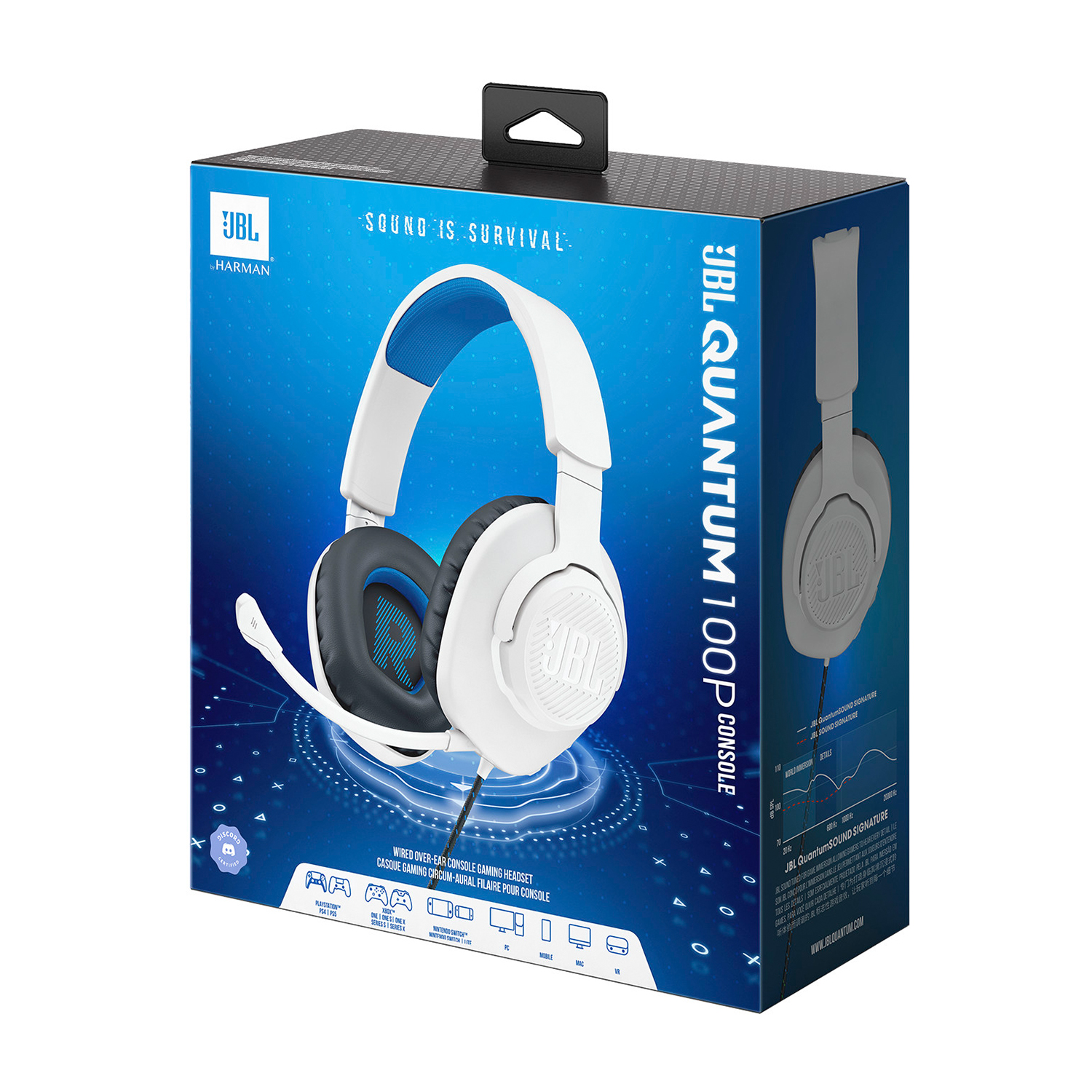 Una cuffia da gioco bianca nella sua scatola. La scatola ha un design bianco e blu con il logo JBL.