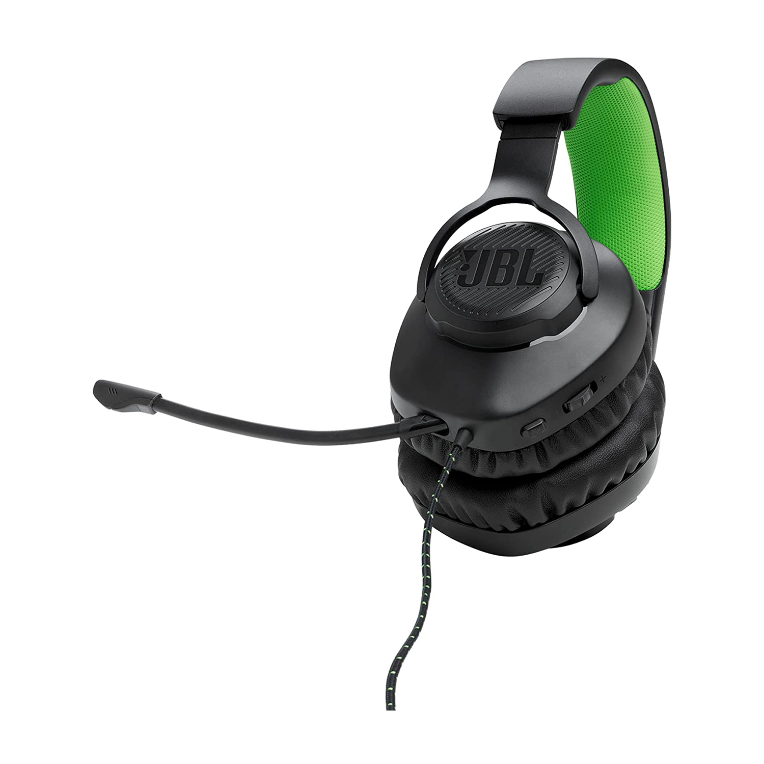 Cuffie JBL nere con dettagli verdi e microfono, isolate su sfondo bianco.