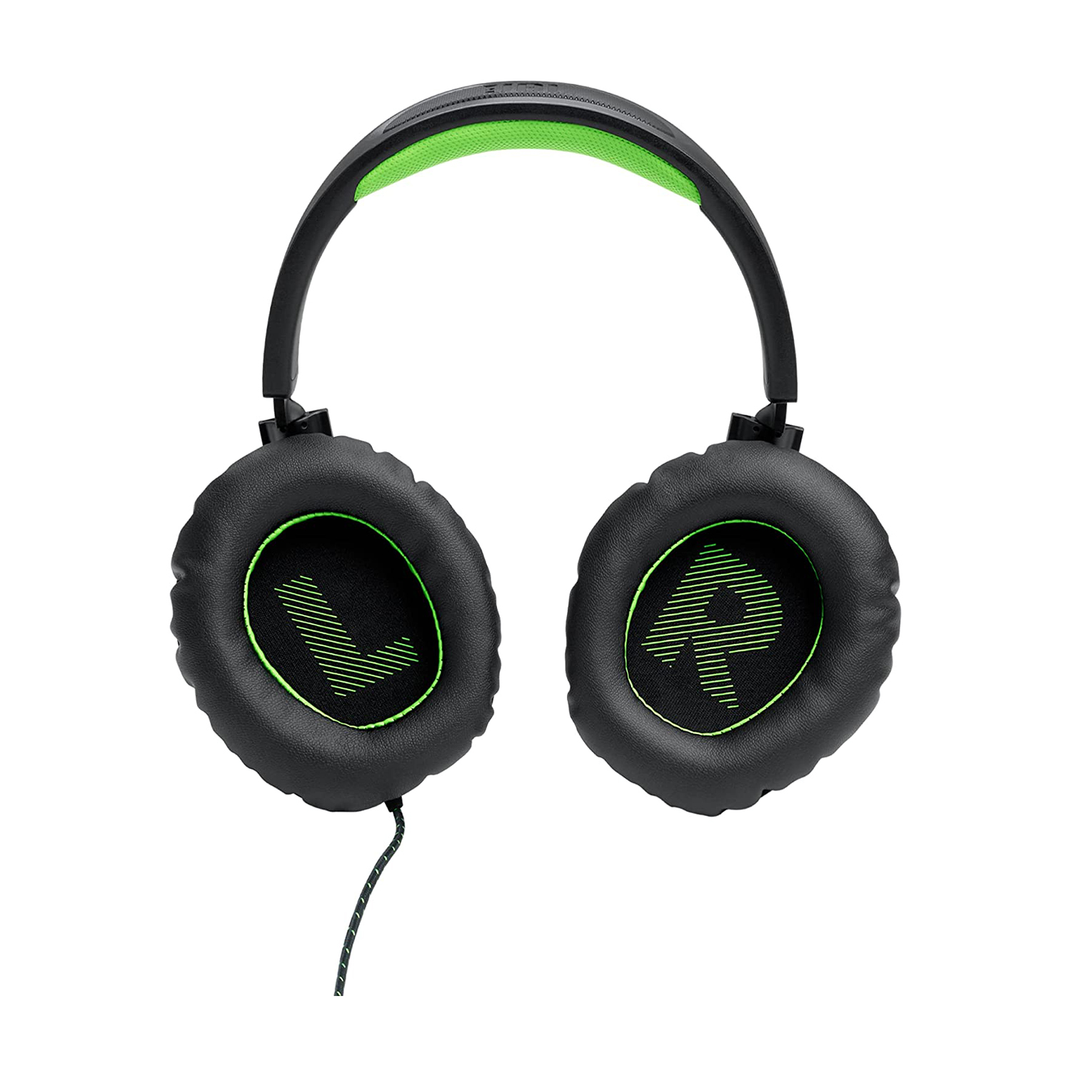 Cuffie nere con accenti verdi. Logo verde sui padiglioni. Sfondo bianco.