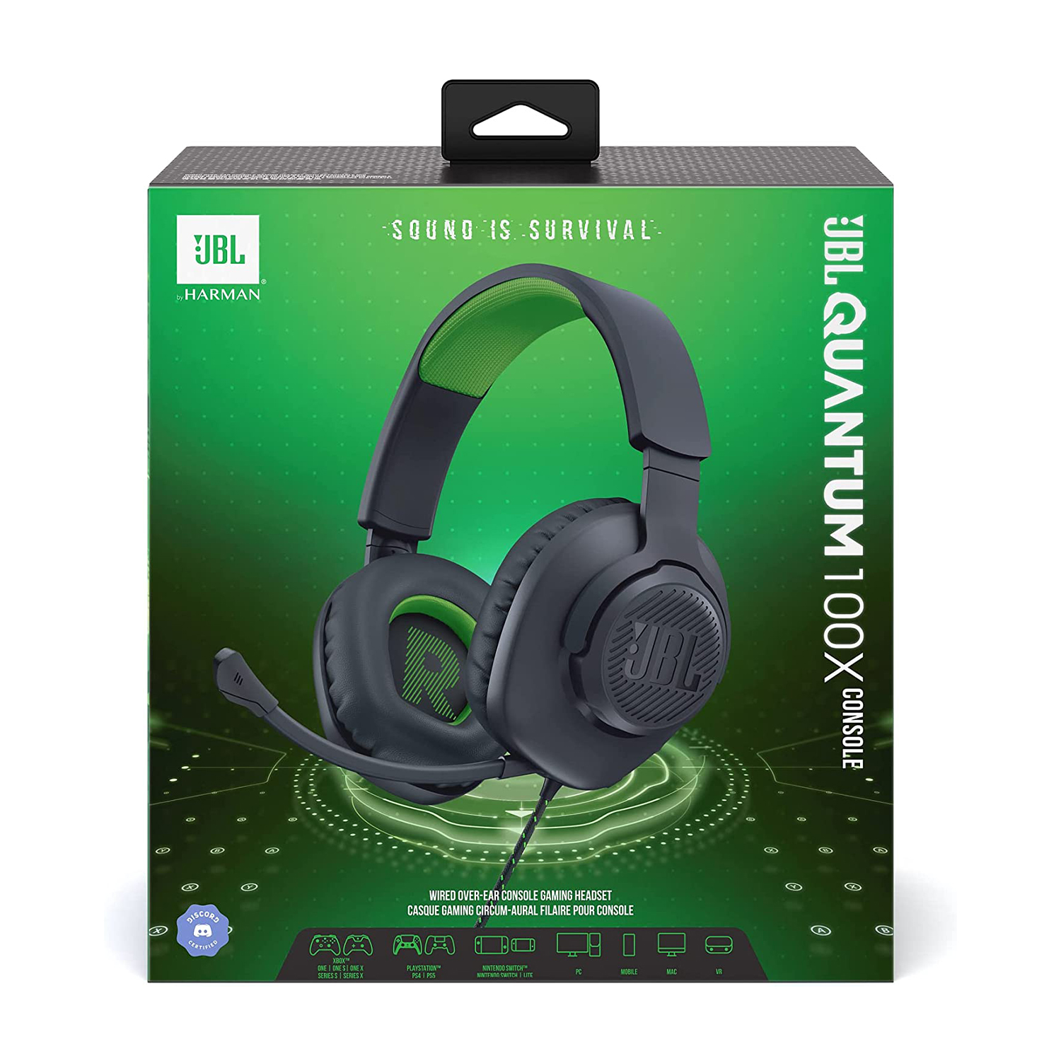 Scatola delle cuffie da gioco JBL Quantum 100X, cuffie nere, dettagli verdi.