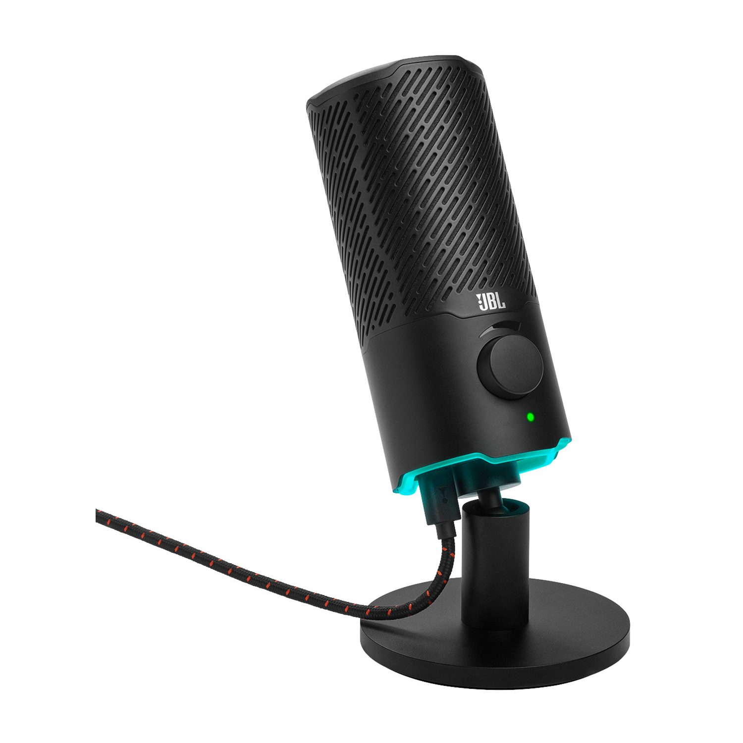 Microfono nero con manopola del volume e luce verde, su supporto.
